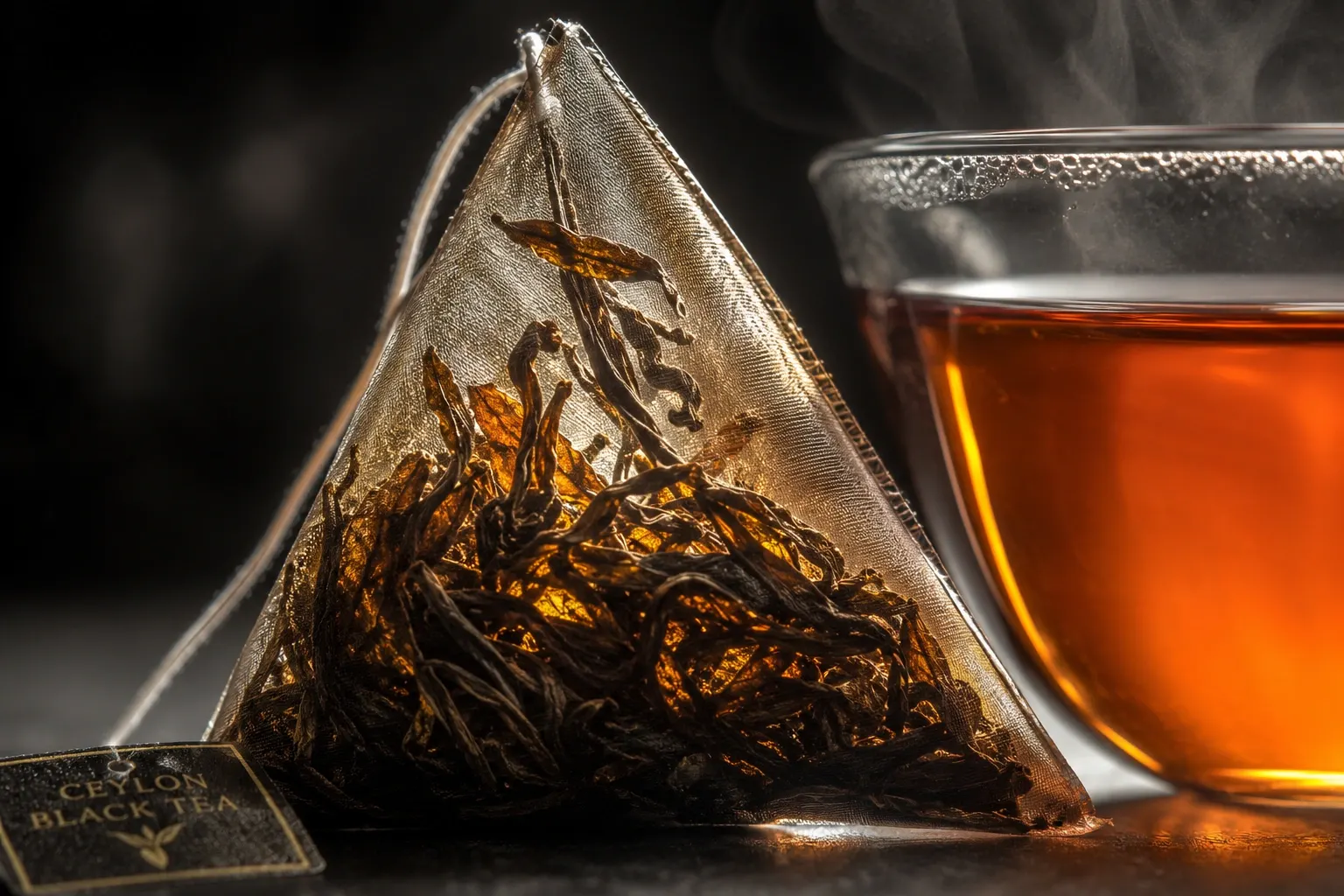 Pyramid tea bag close-up
